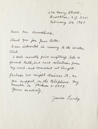 Item #24621 Autograph letter, signed “James Purdy”. James Purdy