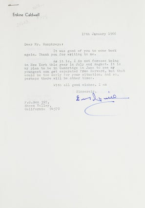 Item #24623 Three typed letters, signed “Erskine Caldwell” and “Erskine”. Erskine Caldwell