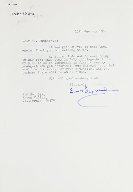 Three typed letters, signed “Erskine Caldwell” and “Erskine”