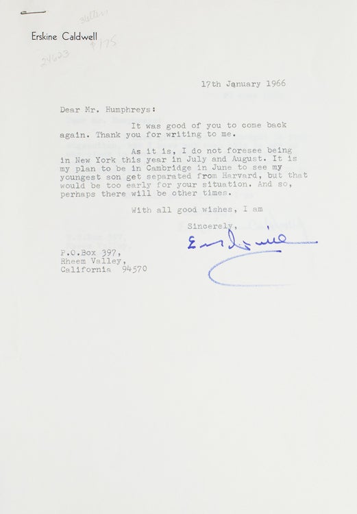 Three typed letters, signed “Erskine Caldwell” and “Erskine”