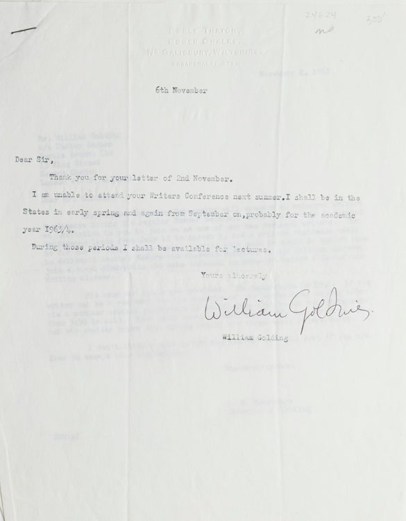 Item #24624 Typed letter, signed “William Golding”. William Golding.