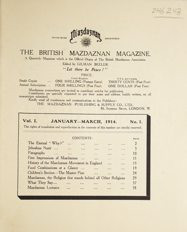 The British Mazdaznan Magazine. Vol I No. I. Jan.-Mar., 1914