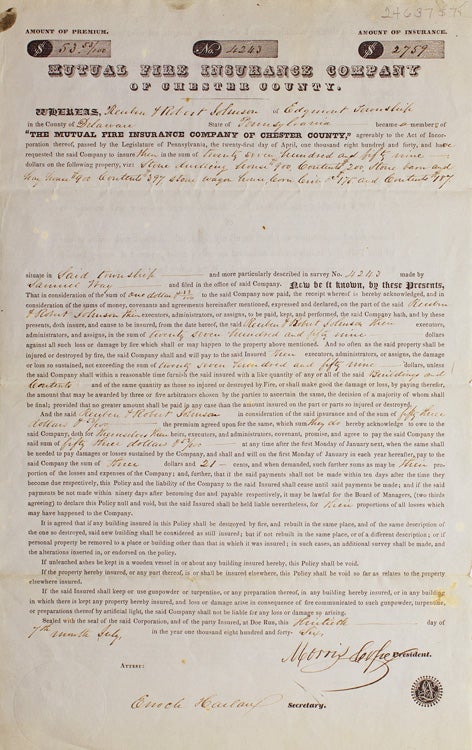 Printed policy for the Mutual Fire Insurance Company of Chester County, accomplished and signed by Enoch Harlan as secretary