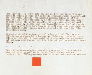 Item #246490 Typed Letter, signed (“F. LL. W. Frank!”) to Lewis Mumford. Frank Lloyd Wright