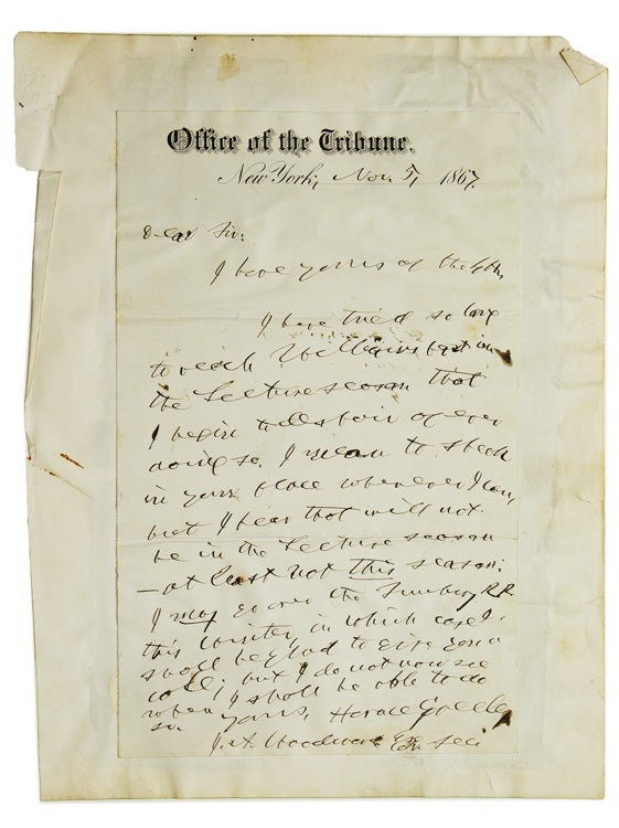 Item #246513 Autograph Letter, signed (“Horace Greeley”), discussing a possible visit and lecture. Horace Greeley.