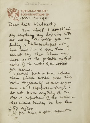 Item #246516 Autograph Letter, signed ("Walter Crane"), to Miss Halkett regarding the valuation...