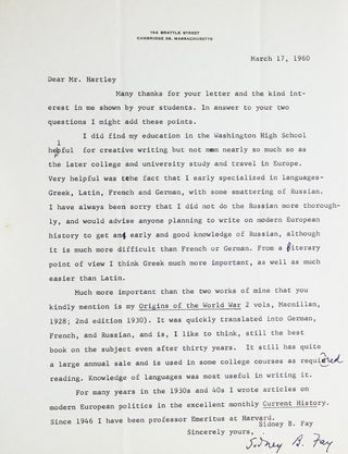 Item #24671 Typed letter, signed “Sidney B. Fay”. Sidney B. Fay