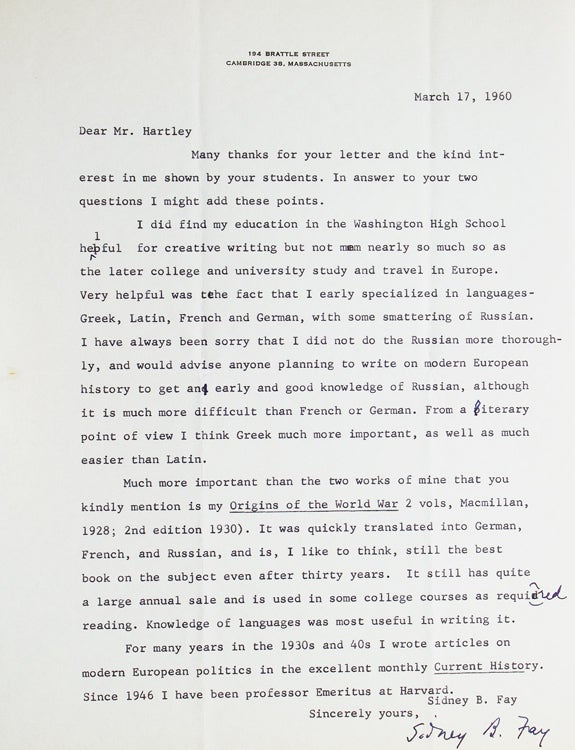 Typed letter, signed “Sidney B. Fay”