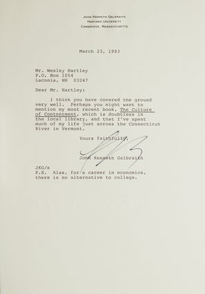 Item #24673 Typed letter, signed “J. K. G”. John Kenneth Galbraith