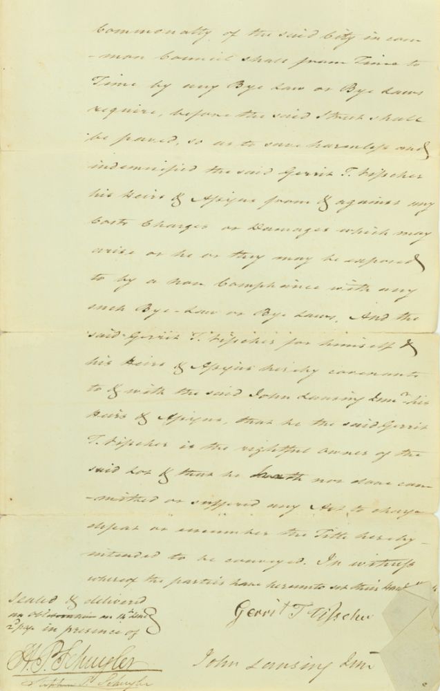 Item #246757 Manuscript Indenture, signed (“John Lansing, Jun”), between Gerrit T. Vischer and Lansing for the sale of a tract of land in Albany from for one dollar. John Lansing.