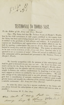 Item #247065 [Broadside circular:] Testimonial to Thomas Nast [with:] Four related handwritten...