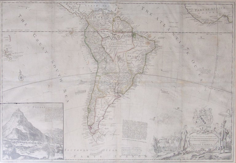 Item #247096 Map of South America, with an inset depiction and description of Mt. Potosi, in Peru, and a figural and armorial cartouche containing the dedication to Lord Sunderland. map, Herman Moll.