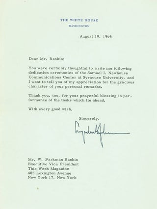 Item #247142 Typed Letter, signed (“Lyndon B. Johnson”), to W. Parkman Rankin. Lyndon Baines...