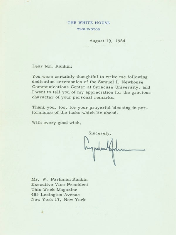 Item #247142 Typed Letter, signed (“Lyndon B. Johnson”), to W. Parkman Rankin. Lyndon Baines Johnson.