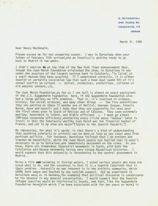 Item #247193 Typed Letter, signed (“Robert Motherwell”), to Nancy McDonald of Spanish Refugee...