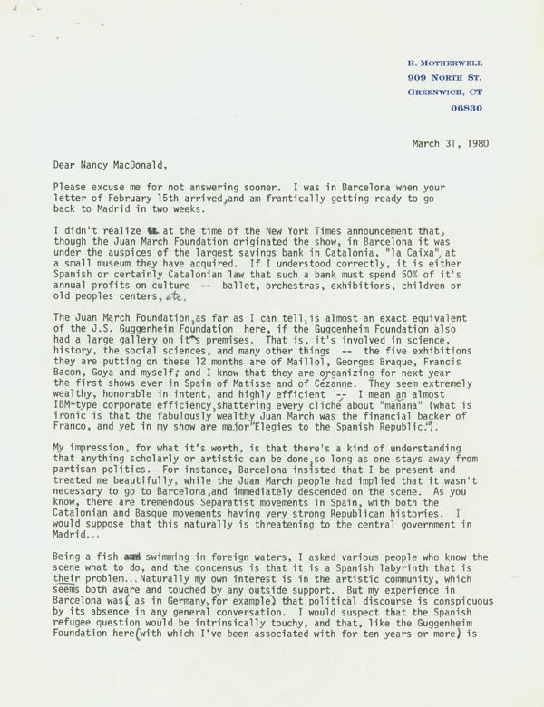 Item #247193 Typed Letter, signed (“Robert Motherwell”), to Nancy McDonald of Spanish Refugee Aid Inc. of NY. Robert Motherwell.