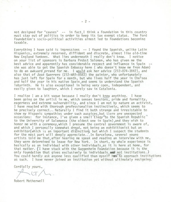 Typed Letter, signed (“Robert Motherwell”), to Nancy McDonald of Spanish Refugee Aid Inc. of NY