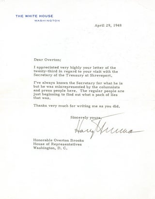 Item #247294 Typed Letter, signed as President (“Harry Truman”), to House Representative...