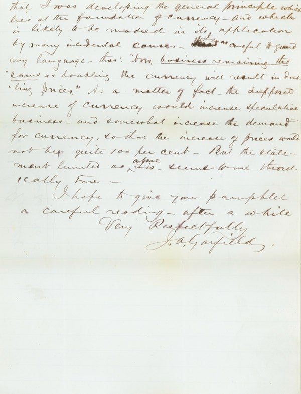Autograph Letter, signed (“J.A. Garfield“), as Congressman from Ohio, to J.A. Cowing of New York, regarding Garfield’s speech on currency and finance