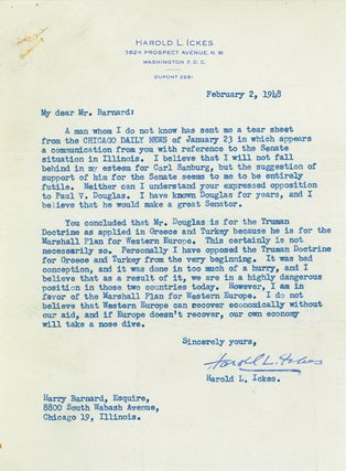 Item #247372 Typed Letter, signed (“Harold L. Ickes”) to Harry Barnard of Chicago, objecting...