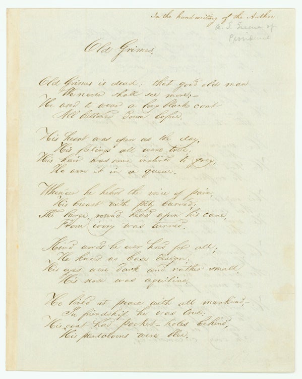 Item #247627 Autograph Manuscript, unsigned, fair copy, of his poem “Old Grimes”. Albert Gorton Greene.
