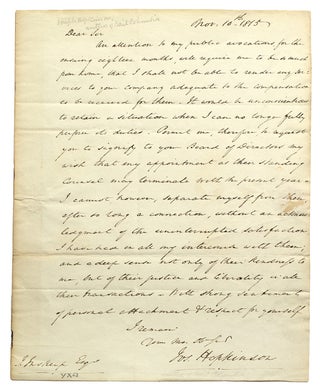 Item #247628 Autograph Letter, signed (“Jos. Hopkinson”), to John Inskeep, “President of...