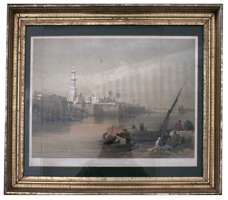 Hand-Colored Lithograph: "View on the Nile---Ferry to Gizeh" Men sitting on riverbank at right, next to dhow, left bank with minaret