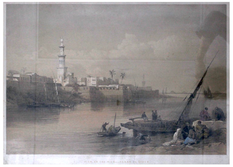 Hand-Colored Lithograph: "View on the Nile---Ferry to Gizeh" Men sitting on riverbank at right, next to dhow, left bank with minaret