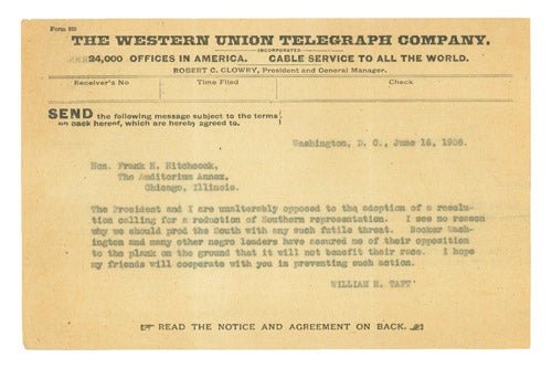 Item #247872 Copy of telegram to Frank H. Hitchcock, Republican Party Chairman. William Howard Taft.
