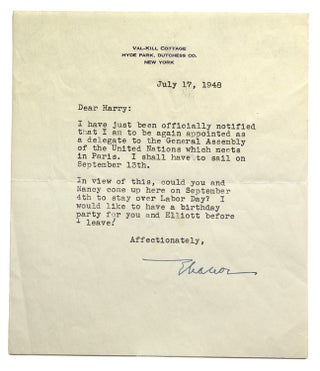 Item #247874 Typed letter signed ("Eleanor"), to Harry, concerning her appointment as a delegate...