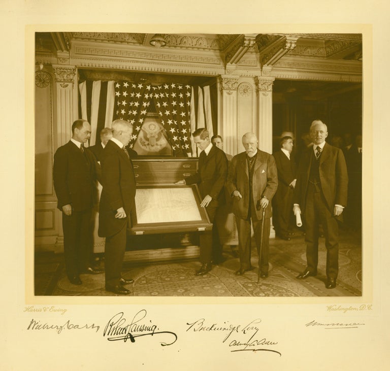 Item #247957 Photograph of Secretary of State Robert Lansing and His Colleagues: Wilbur J. Carr, Breckinridge Long, Alvey A. Ader, and one other, signed in ink on the mount. Robert Lansing.