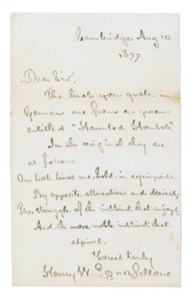 Item #248311 Autograph Letter, signed (“Henry W. Longfellow”), containing a stanza from his...
