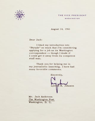 Item #248318 Typed Letter, signed (“Lyndon”), to Jack Anderson of The Washington Post. Lyndon...
