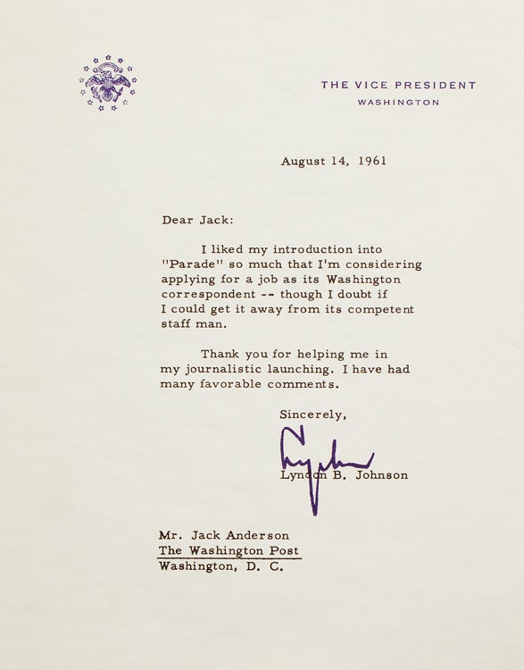 Item #248318 Typed Letter, signed (“Lyndon”), to Jack Anderson of The Washington Post. Lyndon B. Johnson.