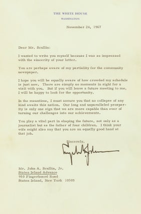 Item #248322 Typed Letter, signed (possibly by auto-pen), as President, to John Scullin, Jr., of...