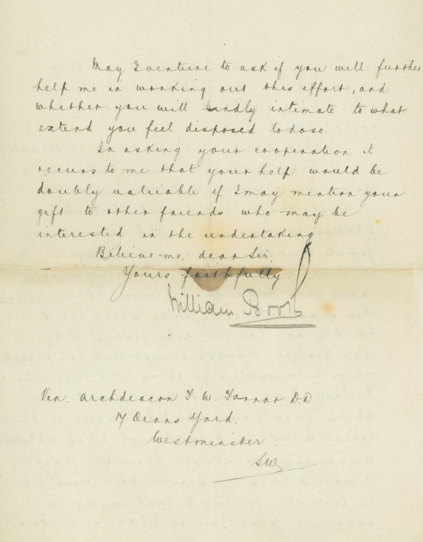 Item #248323 Holograph Letter (in secretarial hand), signed (“William Booth”) by Booth, to Archdeacon F.W. Farrar. William Booth.