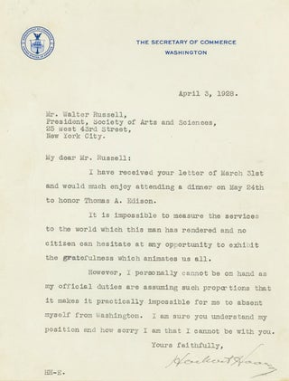 Item #248362 Typed Letter, signed, as Secretary of Commerce, to Walter Russell, sculptor and...