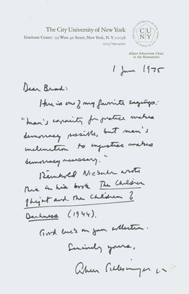 Item #248377 Autograph Letter, signed (“Arthur Schlesinger Jr”), to a young collector of...