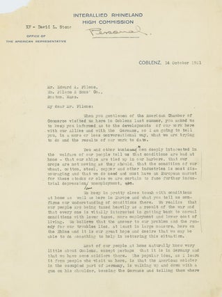 Item #248381 Two Typed Letters, signed, to Edward A. Filene, of the American Chamber of Commerce,...
