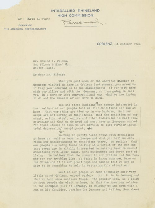 Item #248381 Two Typed Letters, signed, to Edward A. Filene, of the American Chamber of Commerce, regarding the work of the Commission in Germany. David L Stone, American Representative to the Interallied Rhineland High Commission.
