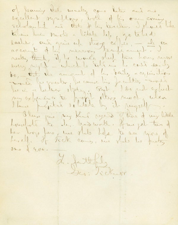 Item #248403 Autograph Letter, Signed (“Geo. Ticknor”) to Mr. [James S.] Wadsworth, concerning a place at school for Wadsworth’s son Charlie or “Tick”. George Ticknor.