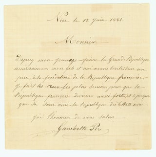 Autograph Letter, signed (“Gambetta Père”) to an unknown correspondent. Léon-Michel Gambetta.