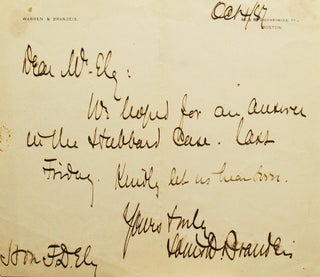 Item #249196 Autograph Letter, signed. To Hon. Frederick David Ely (1838-1921). "We had hoped for...