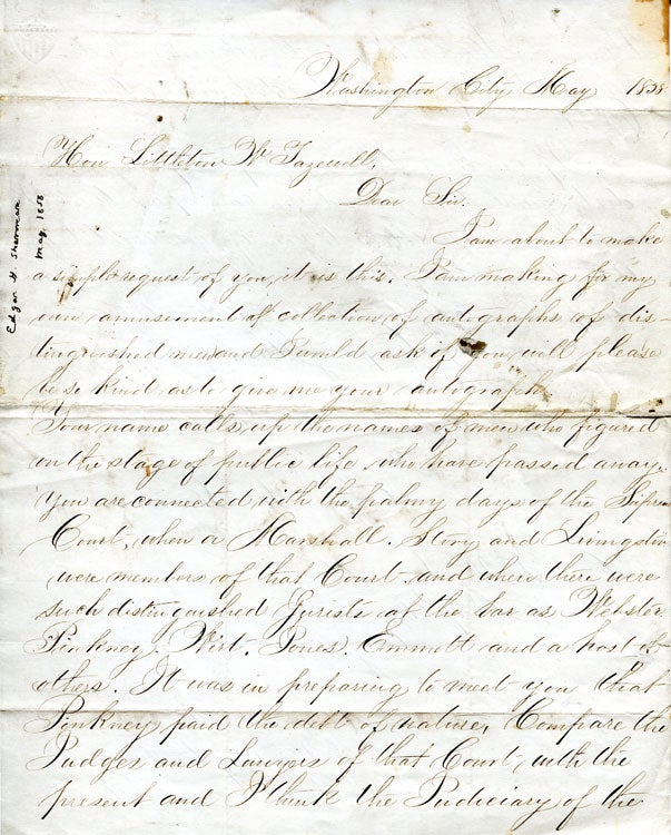 Autograph Letter, signed, to Hon. Littleton W. Tazewell asking for autograph and sending him massive compliments