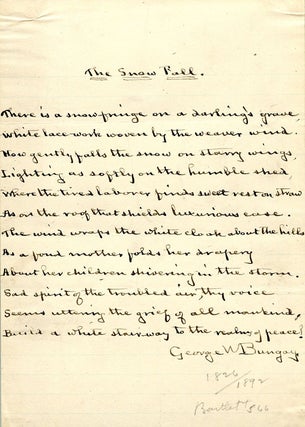 Item #249222 Manuscript Poem, Signed. "The Snow Fall." 12 lines. George W. Bungay, ashington