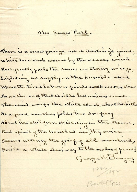 Item #249222 Manuscript Poem, Signed. "The Snow Fall." 12 lines. George W. Bungay, ashington.
