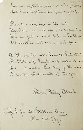 Item #249247 Manuscript from the Poem "An Untimely Thought", lines 11-20. Signed in full and...