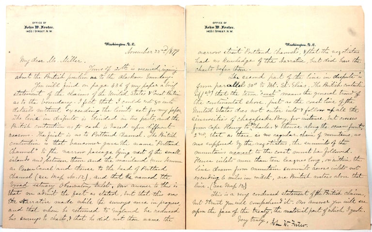 Item #249256 Autograph Letter, signed. To Mr. Miller. Alaska, John Watson Foster.