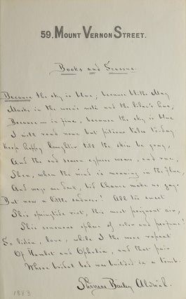 Item #249465 Manuscript fair copy of "Books and Season " 14 lines, Signed in full. Published as...