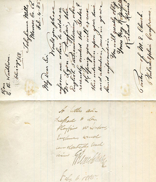Item #249660 A.N.S.Response to a letter from Richard Kaives asking for address of Dr. Lyon Playfair, the English Parliamentarian. Elhu B. Washburne.